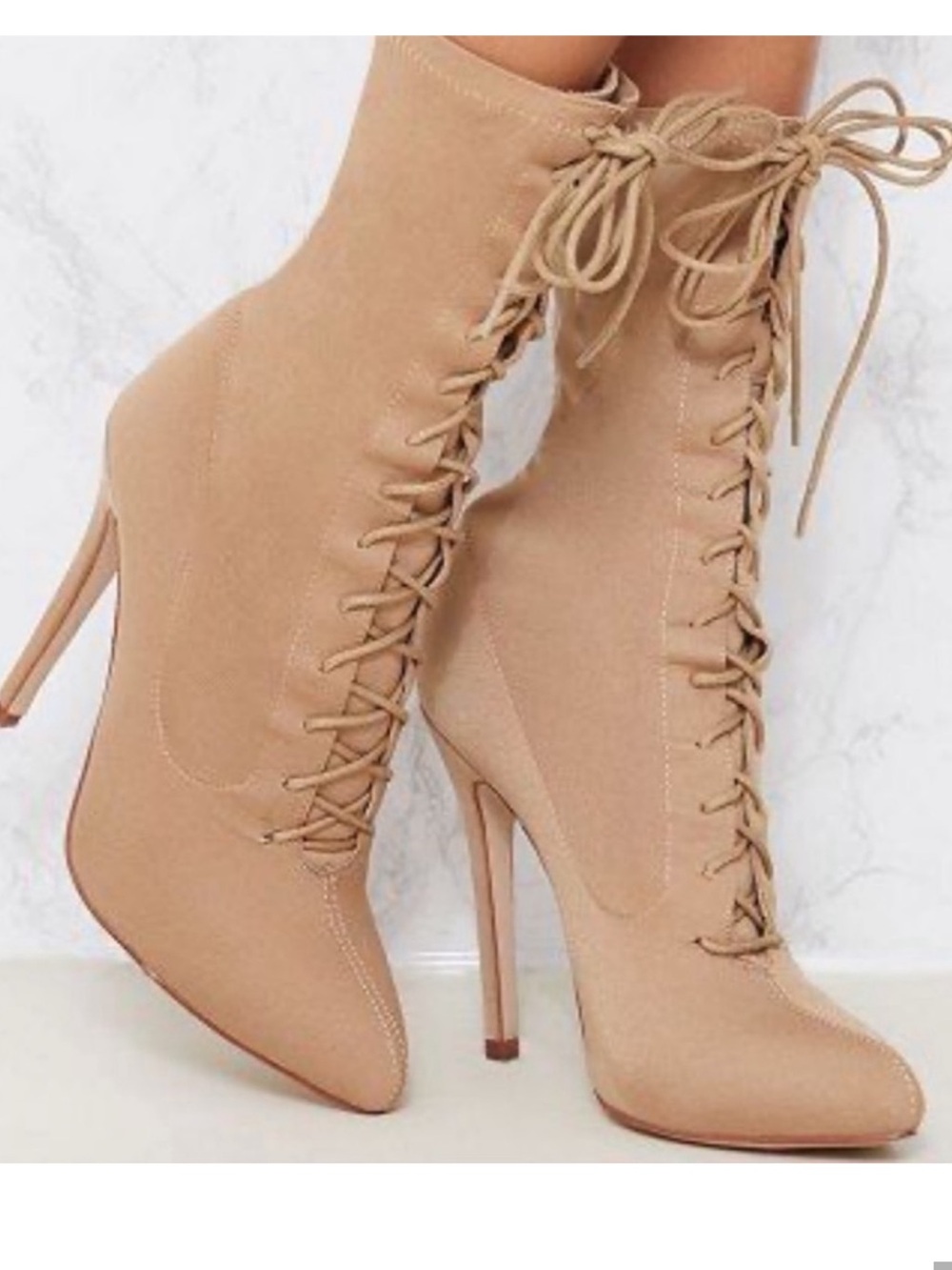 Fashion Nova Nude Lace-Up Stiletto Ankle Boots